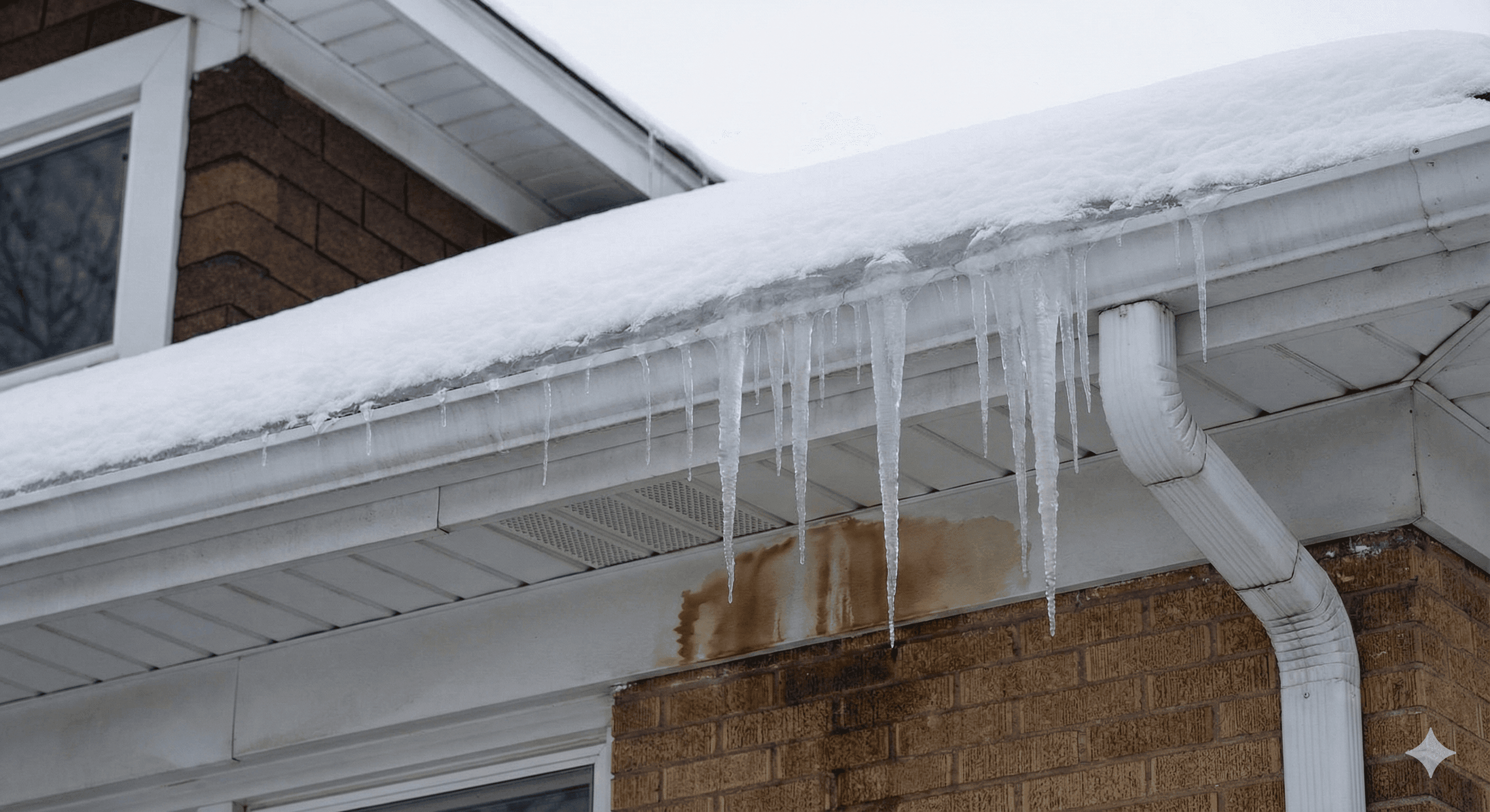 Icicles forming on gutters - warning sign for ice dams